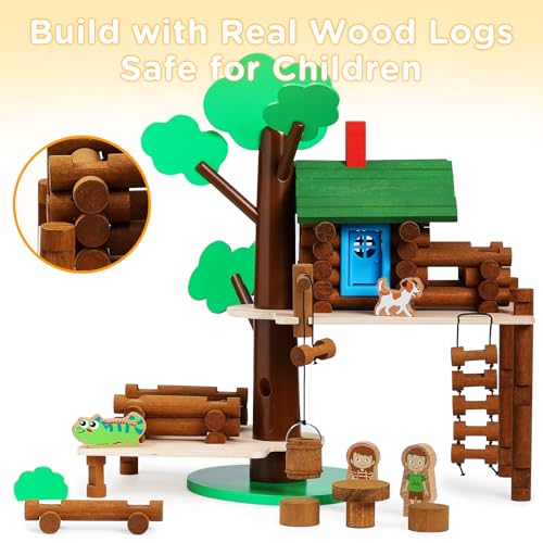 SainSmart Jr. 2-Tier Wooden Tree House Building Set – Educational Gift for Kids, Creative STEM Toy with Cabins and Interchangeable Leaves, STEM Retro Classic Toy Compatible with Lincoln Logs - style: 2-Tier Tree House - 84 Pcs