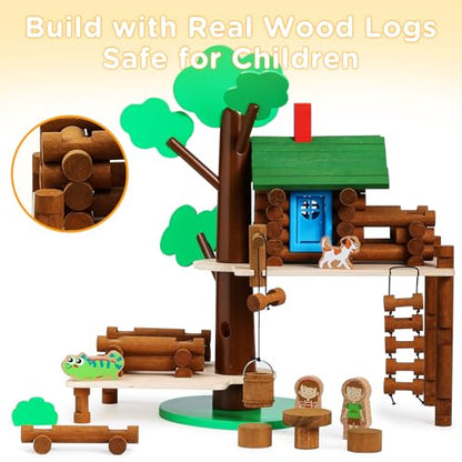 SainSmart Jr. 2-Tier Wooden Tree House Building Set – Educational Gift for Kids, Creative STEM Toy with Cabins and Interchangeable Leaves, STEM Retro Classic Toy Compatible with Lincoln Logs - style: 2-Tier Tree House - 84 Pcs