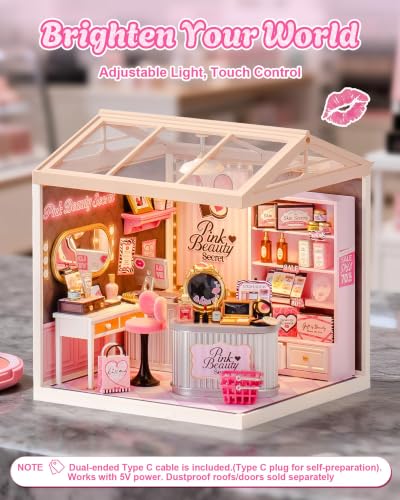 Rolife Super Creator Pink Beauty Secret DIY Miniature House Kit - No Glue Plastic Click-Assembly Dollhouse with Type-C LED Light - Stackable Room Box Toy for Adults and Teens (115 PCS)