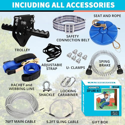 Zip Line Kit for Kids Adults : 76FT Up to 380Lbs Quick Setup Zipline for Backyard Outdoor with 100% Rust Proof Removable Trolley Ratchet System Swing Seat Safety Belt Spring Brake - size: 76ft