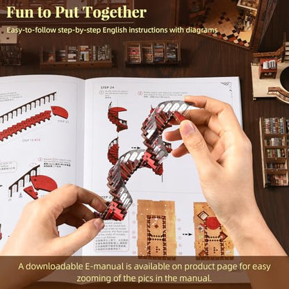MiniCity Abbey Library Book Nook Kit, 3D Wooden Bookshelf Puzzle with LED - color: Abbey Library