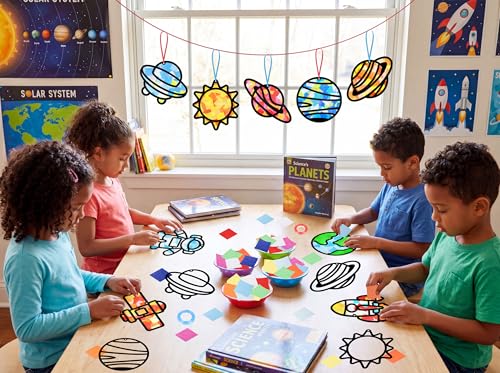 Renbuzhu 48PCS Solar System Space Paper Suncatchers DIY Project Kits, Back to School Window Stained Glass Effect Art Supplies for Party - style: space
