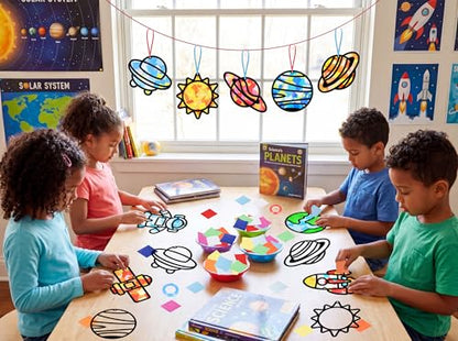 Renbuzhu 48PCS Solar System Space Paper Suncatchers DIY Project Kits, Back to School Window Stained Glass Effect Art Supplies for Party - style: space