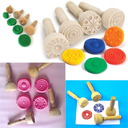 OwnMy Wood Clay Stamp Set, Wood Playdough Tools Handle Pottery Stamps, 4PCS