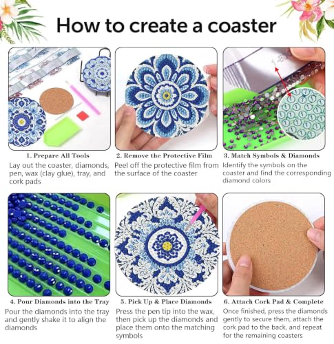 Diamond Art Coasters Kit, 8 Pieces Flowers Diamond Painting Coasters Kit - color: Blue and white