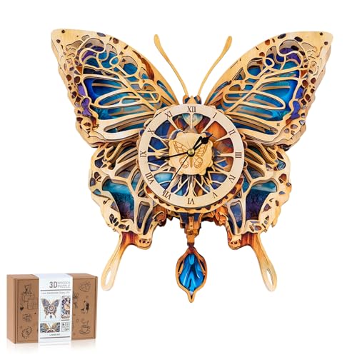 3D Wooden Puzzles for Adults Butterfly Design Clock Model Kit with Pendulum