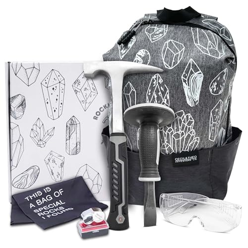 Rockhounding Tool Kit for Teens & Adults - Rock Collecting Equipment Essentials - Rock Pick Hammer & Chisel - 6 Piece Outdoor Geology Set - Mining Tools w/Small Rock Hounding Backpack, Gray