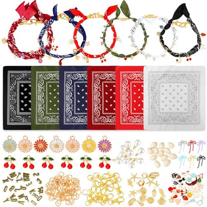 Misdary 276 Pcs DIY Bandana Necklace Scarf with Charm Choker with Pearl Western Cowgirl Boho Gold Charms Resin Charms Sea Shell Charm Adjustable Jewelry Scarf Necklaces Bandanas for Women Men