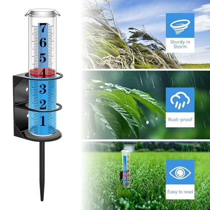 Rain Gauge Outdoor, Accurate Rain Gauges Outdoors Best Rated with Metal Rack Holder, Water Rain Meter with Thickened Plastic Large Font Tube for Yard, Easy to Read with Red Float - color: Metal rain gauge with foot