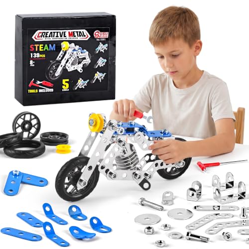 Ferthor Fun Creative Set Motorcycle,Stem Building Projects Toys for Kids 8 9 10 11 12+ Year Old,Metal Building Construction Model kit, 5 in 1 Motobike Building Blocks Steam Educational Toys(139PCS) - size: Motorcycle series 139PCS