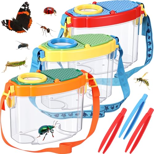 Halloscume 3 Pcs Bug Catchers for Kids Collection Viewer for Kids Critter Insect Cage Bug Tweezer Magnifying Insect Box Magnifier Container Butterfly Catcher Cage, Science Nature Exploration Tools