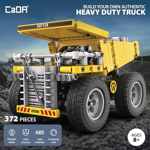 CADA Bricks Heavy Duty Dump Truck Building Kit – 372 Pieces Construction Vehicle Toy with Tilting Bed, Steering Control, STEM Engineering Set - color: Yellow