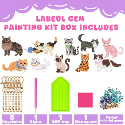 Labeol Diamond Art Kits for Kids with 5D Diamond Creat Your Own GEM Keychains Arts and Crafts for Kids Ages 8-12 Christmas Stocking Birthday Gifts for Kids 6+ - style: Cat