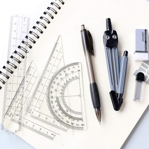 Math Geometry Kit Set 8 Pieces Student Supplies with Shatterproof Storage Box,Includes Rulers,Protractor,Compass,Pencil Lead Refills,Pencil,Eraser.for Students and Engineering Drawings