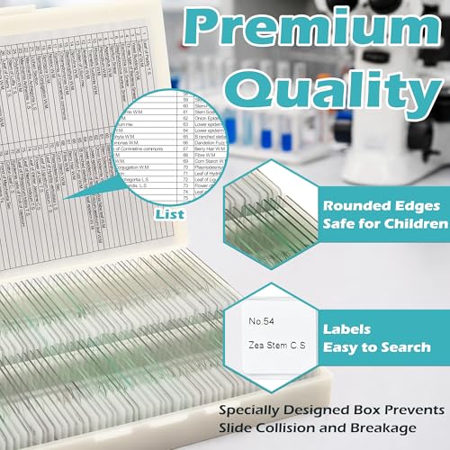 Prolee 200 Packs Microscope Slides, 100 Plants & 100 Animal Tissues Includes Labels and Case for Biological Science Education
