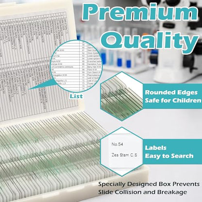 Prolee 200 Packs Microscope Slides, 100 Plants & 100 Animal Tissues Includes Labels and Case for Biological Science Education