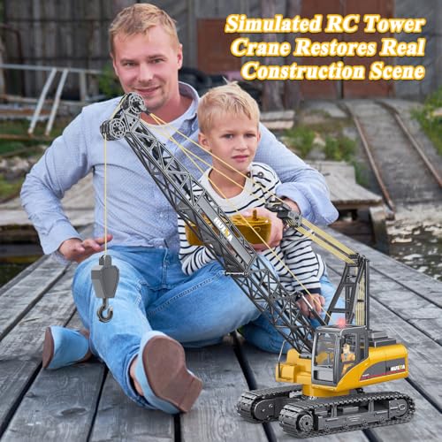Remote Control Tower Crane Die Cast Truck Hoist Dragline 1:14 Scale 2.4GHz Remote Control Engineering Lift Model Truck Crawler Loader Excavator Bulldozer Construction Toy for Boys & Girls