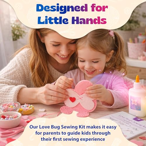 Valentine Gift for Kids, Love Bugs Kids Sewing Kit - Make & Gift Felt Plush Craft, Sew 2 Stuffed Love Bugs (Red & Pink), Precut Felt, Needle, Thread, Polyfill, Googly Eyes, Gift Cards, Ages 5+ - color: Love Bugs
