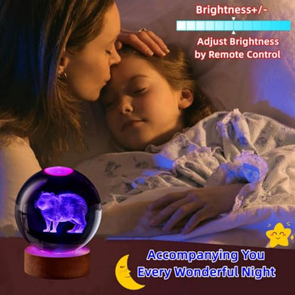 3D Capybara Crystal Ball Lamp with Remote Control, 3.15 inch Crystal Night Light with Wooden Base 16 Colors Change, Glass Figurine Lamp Gift for Girls Boys Wife Girlfriend Mom (Capybara) - color: Capybara