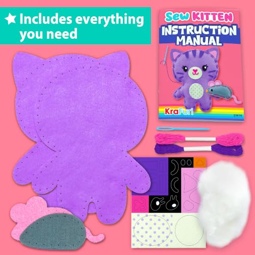 KRAFUN Beginner Sewing Kit, Sew Kitten & Mouse, Pre-Cut Felt, Kids Ages 5+ - color: Kitten
