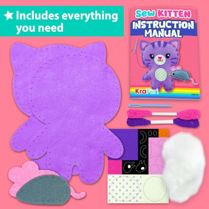 KRAFUN Beginner Sewing Kit, Sew Kitten & Mouse, Pre-Cut Felt, Kids Ages 5+ - color: Kitten