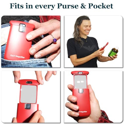 EasY Magnifier Small Pocket Magnifying Glass 3.0X with LED Light for Reading; Lighted Hand Held Coin Loupe; Mini Magnify Lens; Gifts for Seniors - color: Sedona Red