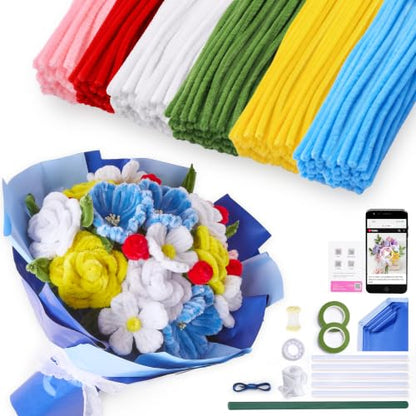 Pheravia 500pcs Pipe Cleaner Flower Kit, 6 Colors Blue Yellow Pipe Cleaners - color: Blue Yellow
