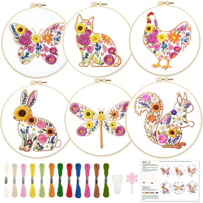 INFUNLY 6 Pack Animal Flowers Embroidery Starter Kit for Beginners Butterfly Cat DIY Embroidery Kits for Adults Rooster Squirrel Stamped Needlepoint Set with Step-by-Step Instruction Craft Lover Gift - style: Animal Flowers