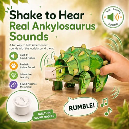 MierEdu Build 'N' Sound 3D Puzzle for Kids, Animal Puzzle with Sound Module, Educational STEM Craft Kit, FSC Paper Model Building Toy Gift for Ages 6+ - color: Ankylosaurus