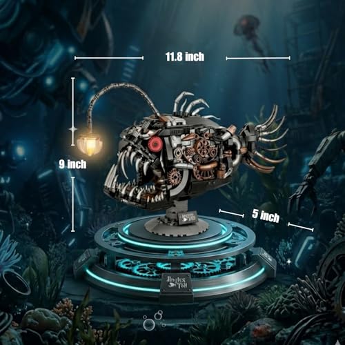Mechanical Angler Fish Building Blocks Kit for Kids & Adults– Premium STEM Toy Set for Boys 8-14+, 1038+ Pieces Artistic Steampunk Light-Up Model Kits, for Teens & Collectors
