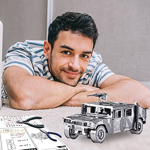 Piececool 3D Metal Puzzle Car Model Kits, American Hummer H1 Military Vehicle Models Kit, Brain Teaser DIY Metal Model Building Kits for Adults Teens Stress Relief, Best Gifts - color: Silverhummer