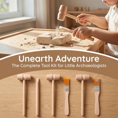 Vaguelly Dinosaur Digging Kit Wooden Hammer Chisel Brush Set for Kids Stem Science Educational Excavation Toy for Pretend Play Digging Tools Toys - size: 14.00X4.00X2.00CM