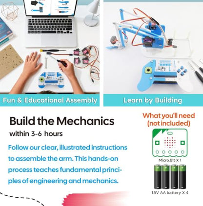 microbit Smart Robotic Arm Kit, 4DF Programmable Mechanical Arm Building Kit for Ages 14 and up to Learn Coding, Science & Engineering, Micro:bit v2 and AA Batteries not Included