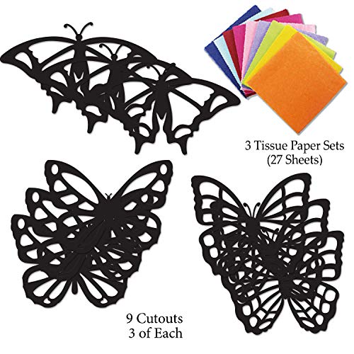 VHALE Suncatchers Craft 3 Sets (9 Cutouts) w Tissue Papers Stained Glass Effect Paper Sun Catcher Kit, Window Art, Classroom Crafts, Creative Art Projects, Kids Party Favors (Butterfly) - style: Butterfly