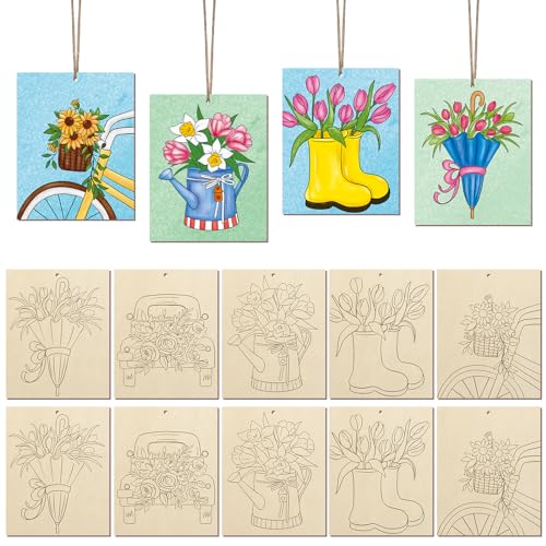 COCHIE 10 Pieces Large Spring Unfinished Wood Crafts to Paint for Adults, Bulk Predrilled Wooden Ornaments for Painting, Tulips Flowers Paintable Wood Slices Craft Supplies with Ropes - color: Spring