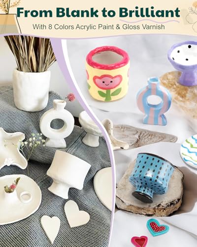 Kiocure Air Dry Clay for Adults, Pottery Tool Kit, DIY Kits for Adults with Air Dry Clay Paint & Varnish, Pottery for Beginners at Home