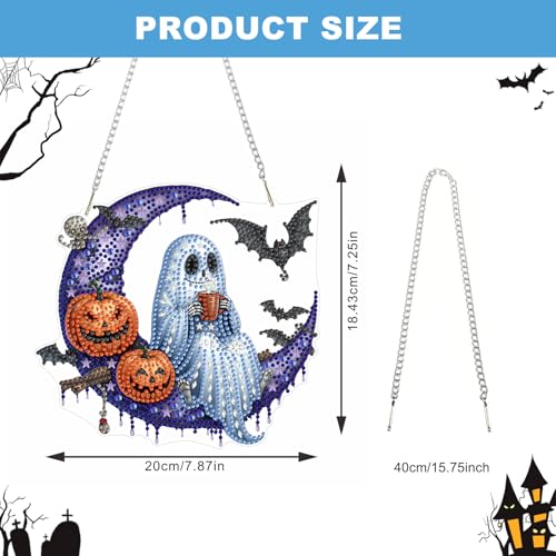 NAIMOER Halloween Diamond Art Hanging Kits for Adults, Ghost Moon 5D Special Shaped Rhinestone, DIY Acrylic Diamond Art Painting Window Pendants Home Garden Wall Hanging Ornament Kits, Double Sided - color: Halloween Ghost Moon