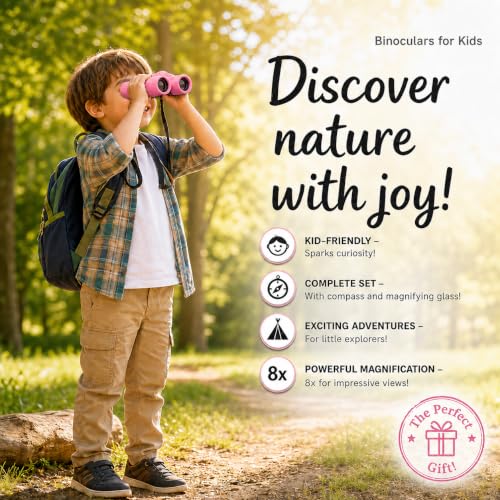 Binoculars for Kids – Perfect Toy for Little Boys and Girls – Extensive Set Incl. Magnifying Glass & Compass – Powerful Magnification 8X21 – 3 to 12 Year Old Kids for Toddler - color: Pink