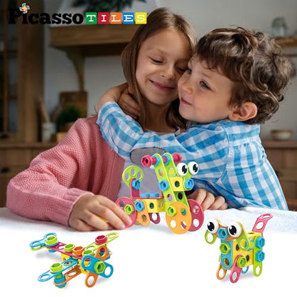 PicassoTiles 115 Piece Building Blocks Set Kids STEM Toy Construction Engineering Sensory Toys Kit Block Children Early Education Playset with FREE IdeaBook, Clickable Ratchet Age 3+ Boys Girls PTN115 - color: 115pcs Transformation