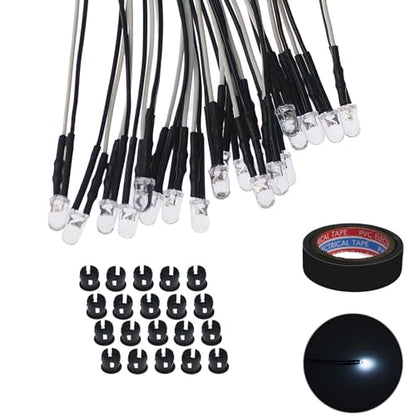 20PCS 12V 5mm Pre-Wired Bright White LED Diodes with Resistor, Includes 20 Black Mounts & 5-Meter Tape, for DIY Illumination, Cabinet/Case Lighting, and Instrument Backlight - color: White