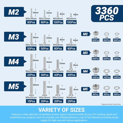 M2 M3 M4 M5 Metric Machine Screws Assortment Kit, 3360Pcs 304 Stainless Steel Countersunk Head Bolts Nuts and Washers Set - color: 3360 M2 M3 M4 M5 F