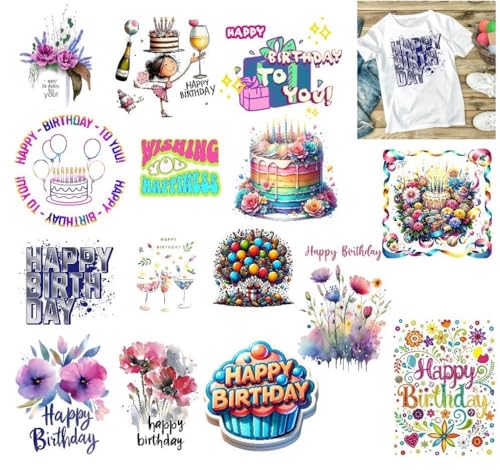 Happy Birthday Gang Sheet – Heat Press Ready Iron On DTF Transfers for T-Shirts & Hoodies – Colorful Birthday Shirt Designs, Cupcakes, Cakes, Balloons, Flowers & Quotes – DIY Printing - color: Happy Birthday Design
