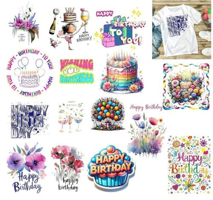 Happy Birthday Gang Sheet – Heat Press Ready Iron On DTF Transfers for T-Shirts & Hoodies – Colorful Birthday Shirt Designs, Cupcakes, Cakes, Balloons, Flowers & Quotes – DIY Printing - color: Happy Birthday Design