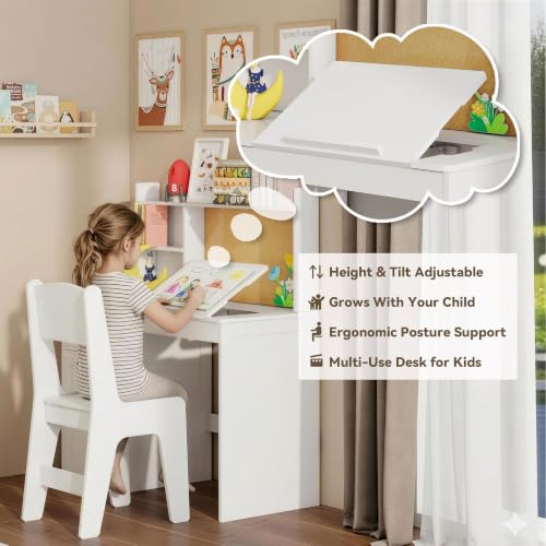 Kids Desk and Chair Set with 0-105° Tiltable Desktop for Ages 5-12, White - color: White, size: with Lift Up Hinge