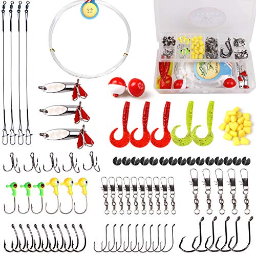 Basic Fishing Tackle Starter Kit, Freshwater Soft Fishing Lures Terminal Tackle Set with Tackle Box Including Worms Baits, Jigs, Swivels, Hooks, Fishing Gears for Panfish Catfish Bass Trout