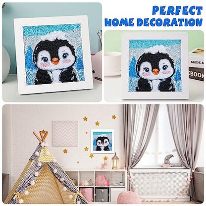 QEUOYSS Diamond Art Kit for Kids with Wooden Frame Art and Crafts for Kids Ages 6-8 -10-12 Easy to DIY Diamond Art for Kid and Adult Beginners Home Wall Decoration (Penguin) - style: Penguin