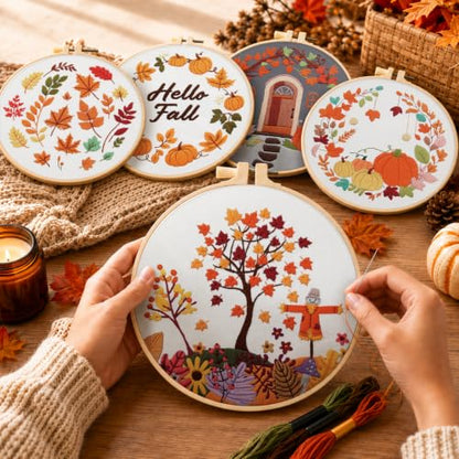 5 Sets Fall Embroidery Kits for Beginners, Autumn Pumpkins and Maple Leaves Embroidery Starter Kit for Adults Thanksgiving Gifts with Stamped Pattern DIY Needlepoint Kit Cross Stitch Set with 2 Hoops - size: Fall