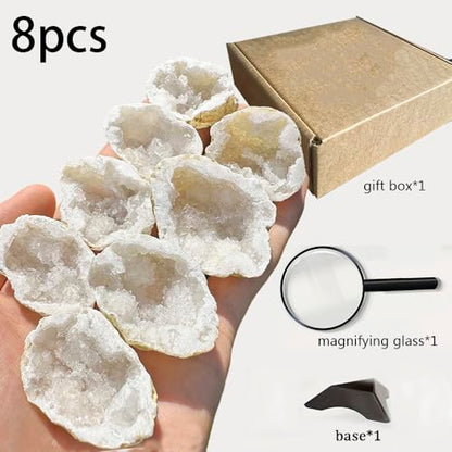 8pcs Natural Quartz Caves Knock Open in The Middle 1.2-2 inch White geode Set with Magnifying Glass and Display Stand Ideal for School Gifts and Prizes（Morocco White geode 8pcs Set） - color: Morocco White Geode 8pcs Set