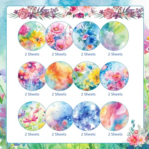 Konsait 24 Sheets Flower Scrapbook Paper 12x12 Watercolor Pattern Paper Double Sided Floral Cardstock Craft Papers for Card Making Kit Origami Papers Romantic Scrapbook Supplies