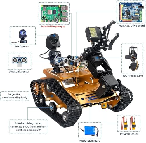 Smart WiFi Robot Kit with Raspberry Pi 5, 4DOF Robotic Arm Track Tank Chassis Robot Car with 2DOF HD Camera Ultrasonic Infrared Sensor, Programmable AI Robot Kit for Adults & Teens (Gold) - color: Gold